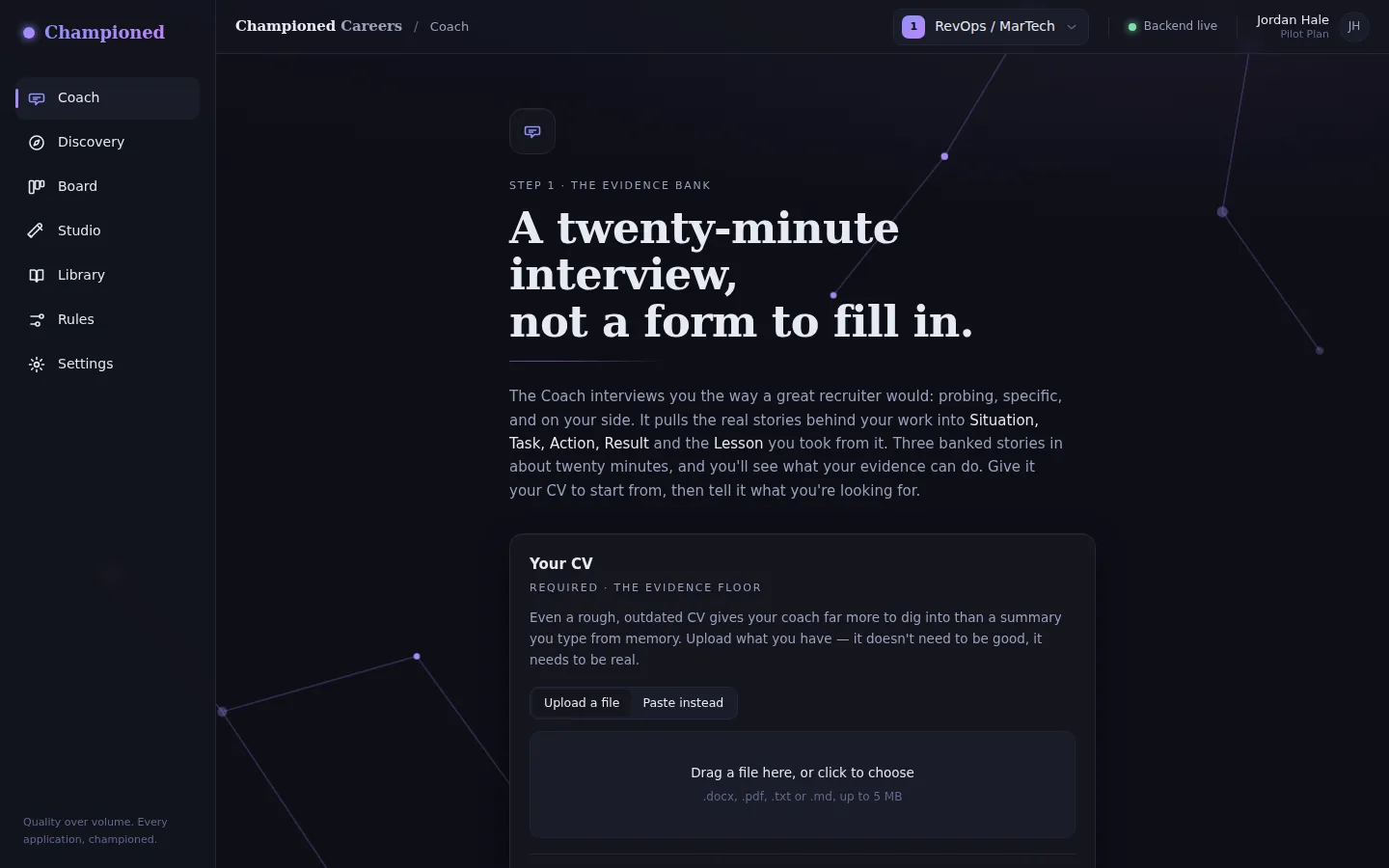 The Coach screen in the app: a twenty-minute interview, not a form, turning a CV into banked STAR-L stories.