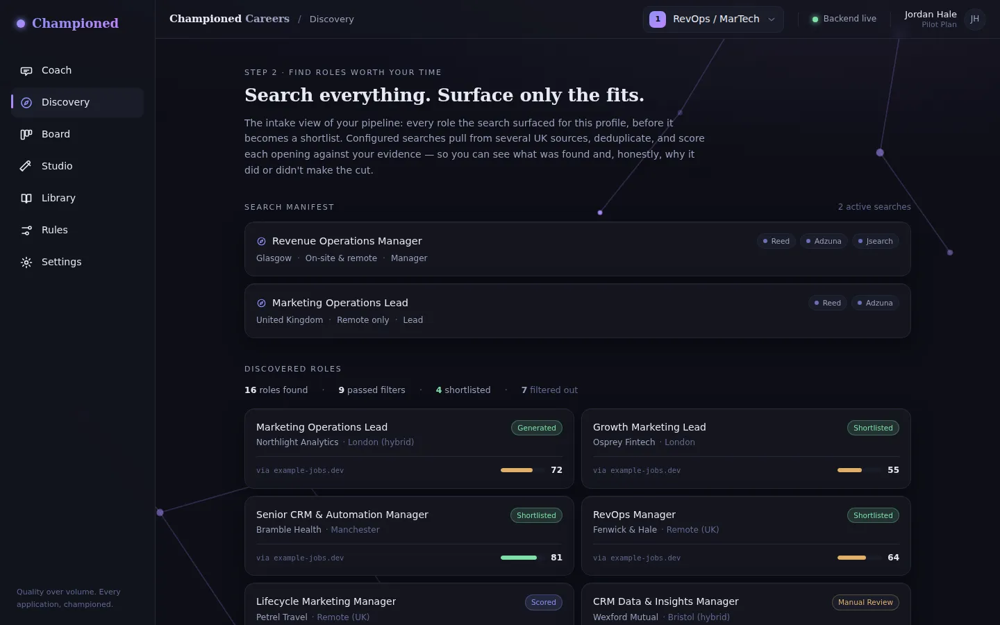 The Discovery screen: a search manifest listing configured searches with their locations and sources, then a grid of discovered roles tagged found, scored, shortlisted or filtered out, each with its fit score.