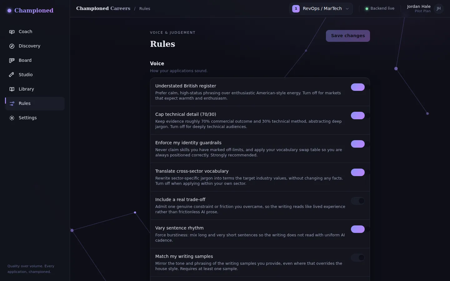 The Rules screen: toggles for voice and judgement, including an understated British register, capping technical detail, identity guardrails and varying sentence rhythm.